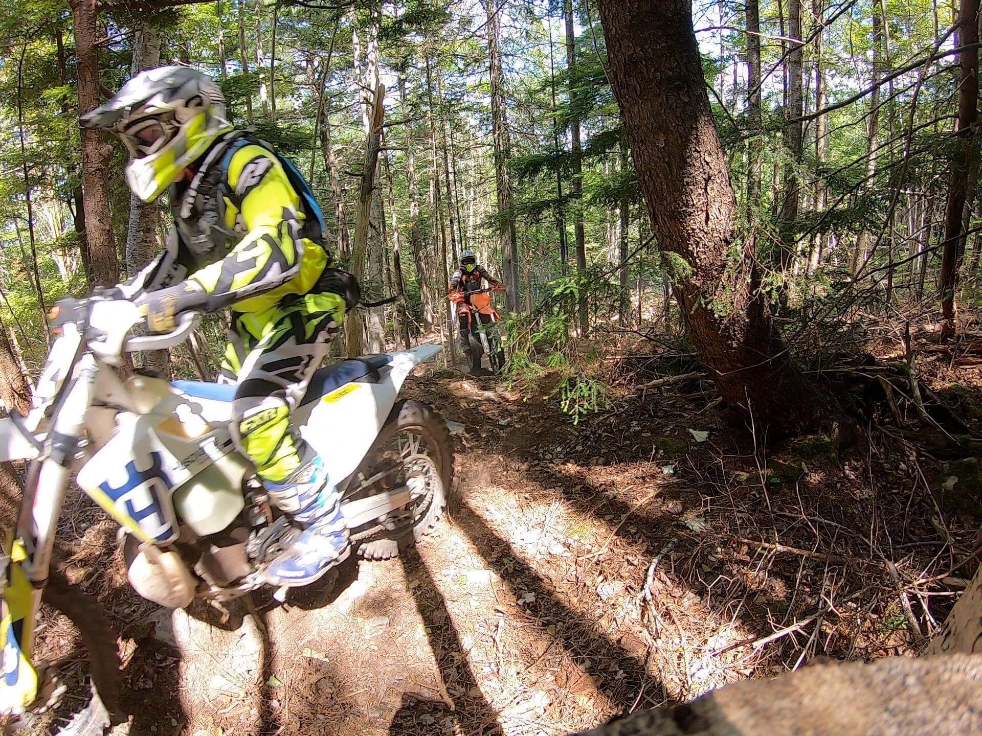 Two dirt bikers riding through the woods