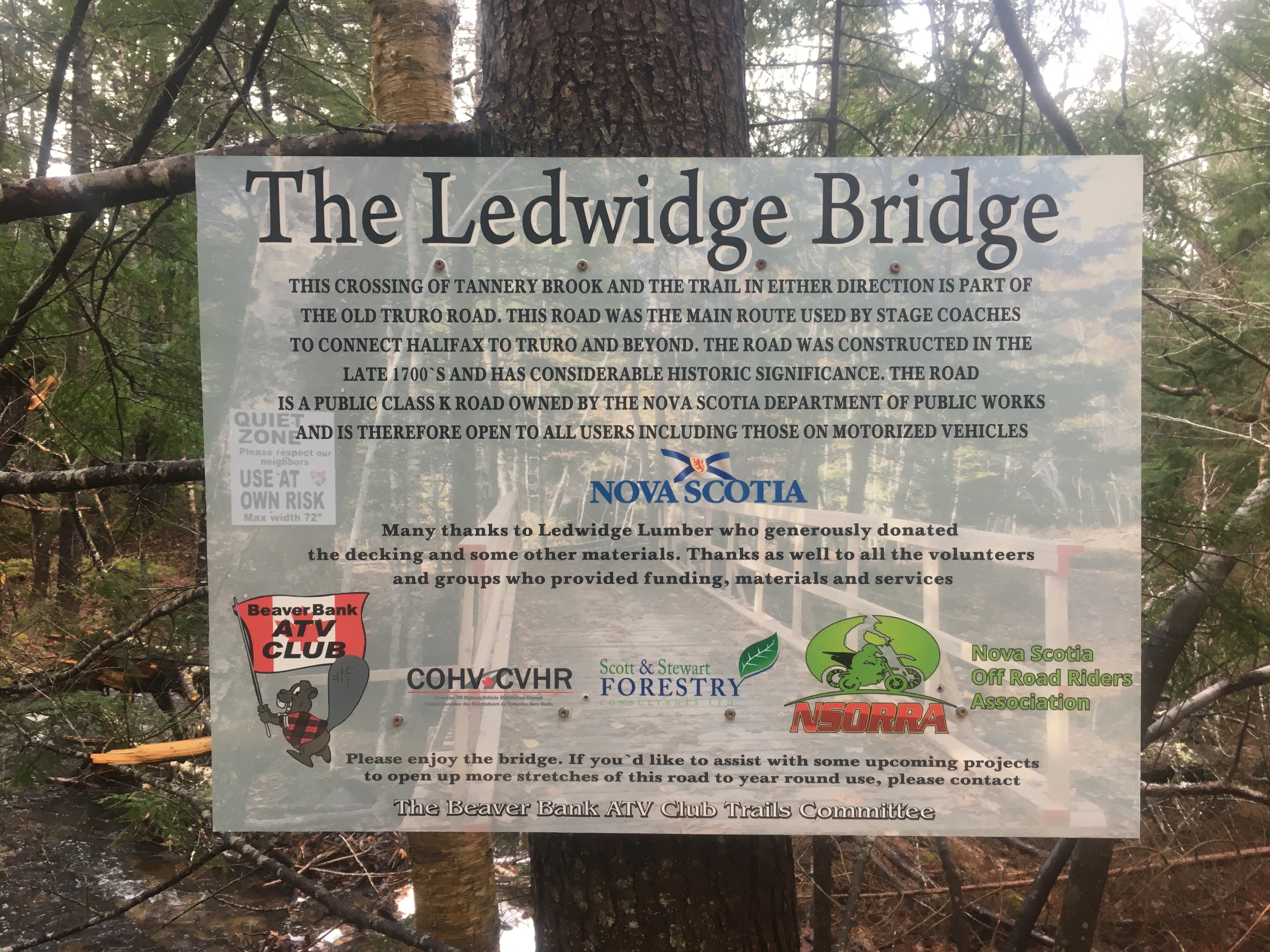 Photo of Ledwidge Bridge sign on site at Tannery Brook