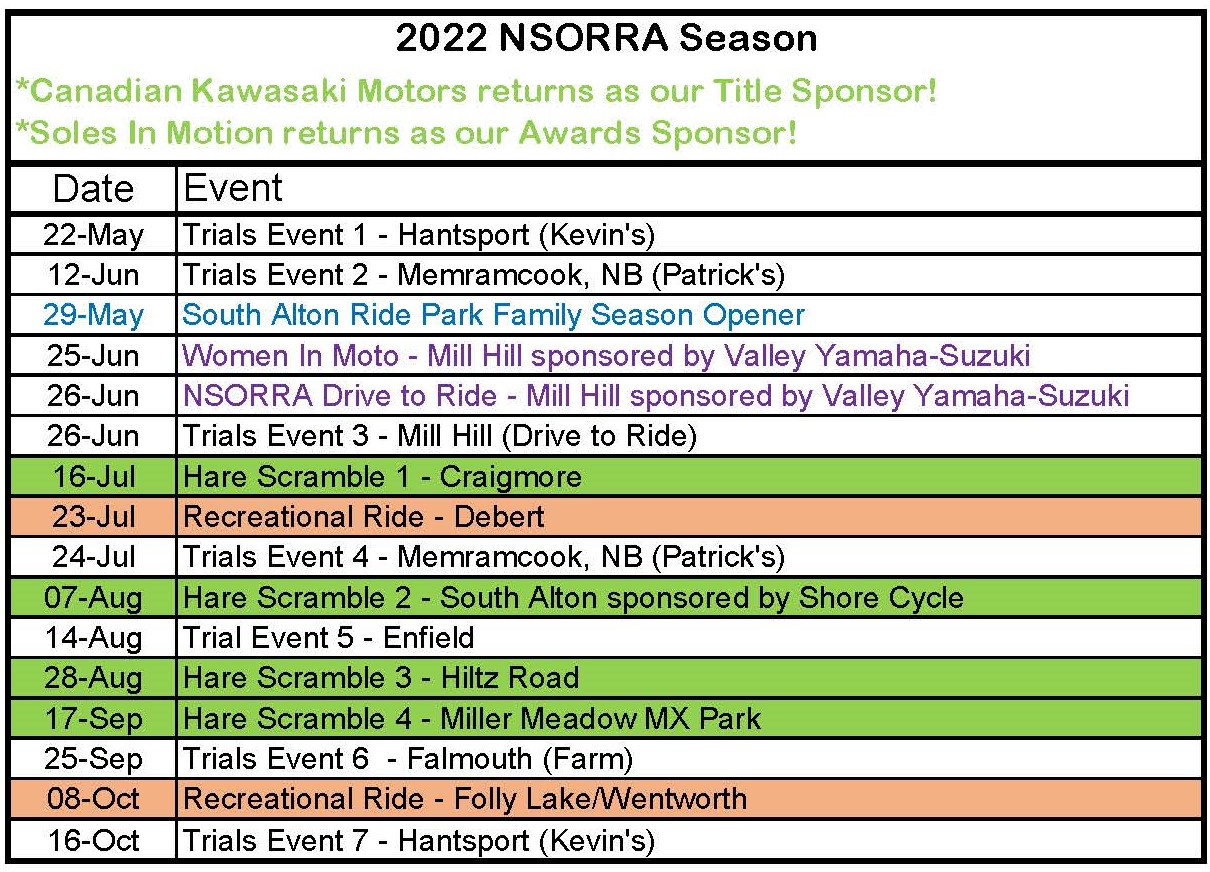 2022 NSORRA events schedule